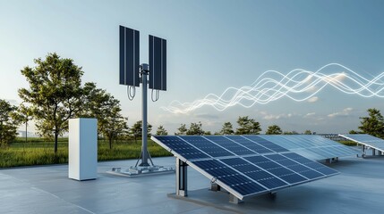 Solar panels and wind turbine in modern renewable energy setup with clear sky and trees, symbolizing green technology and eco-friendly solutions.