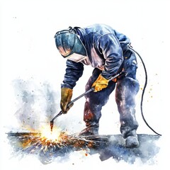 Watercolor painting of a welder working with a torch, creating sparks, on isolated white background