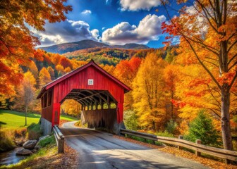 Woodstock Vermont Covered Bridge Fall Photography - Scenic Autumn New England Landscape