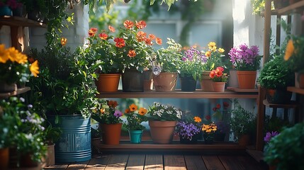 Fototapeta premium A whimsical balcony garden featuring a variety of wildflowers in eclectic planters, from vintage tins to terracotta pots, lush greenery spilling over the edges,
