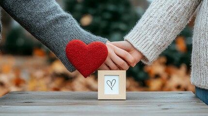 Romantic Hands Holding Heart with Picture Frame in Autumn Setting