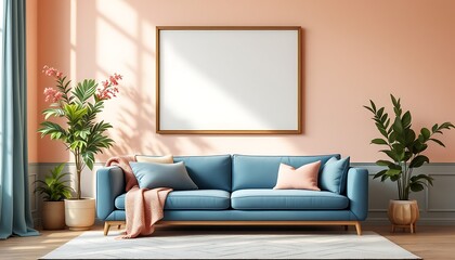 Stylish blue sofa in peach room, blank canvas mockup, sunlight