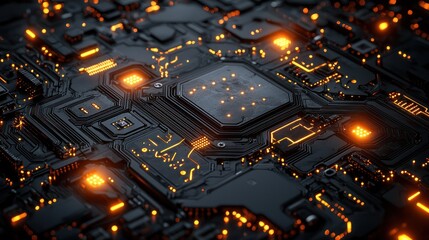 Abstract circuit board with glowing elements.
