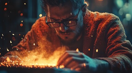 A writer typing furiously, their face showing intense focus and creativity