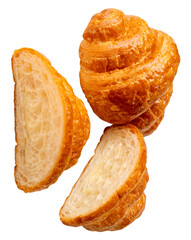Top view set of single brown or golden croissant with two halves in stack isolated with clipping path in png file format