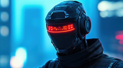 Fototapeta premium Futuristic Cybernetic Robot with Glowing Red Eyes in Urban Setting
