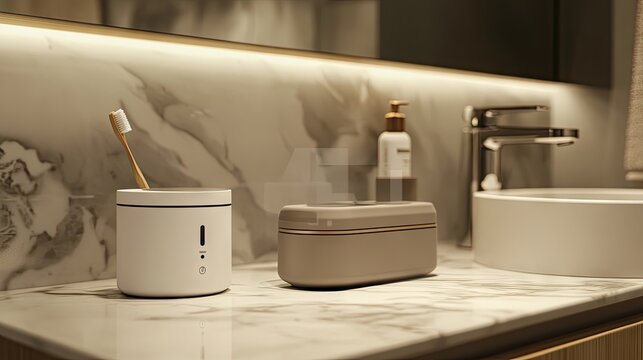 A modern bathroom sink setup with a touchless soap dispenser and a toothbrush in a case.