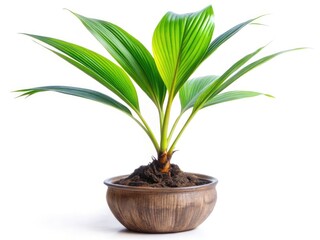 Fototapeta premium Young Coconut Tree, Agriculture Planting, Isolated White Background, Coconut Sprout, Tropical Plant, Growing Coconut