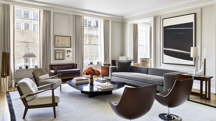 Fototapeta premium A monochrome living room with a gray sofa, a black-and-white carpet, and minimal wall art.