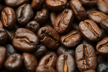 Obraz premium A close-up shot of freshly roasted coffee beans, highlighting the rich textures, color, and details that make each bean unique. Ideal for food, beverage, or lifestyle blogs about coffee culture