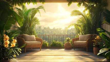 Fototapeta premium An exotic tropical balcony garden featuring tall banana plants, lush palms, and orchids, complemented by bamboo furniture and a soft golden glow, creating a serene retreat, photorealistic, hd quality.