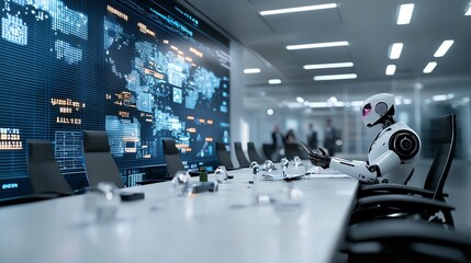 Robot sitting in a modern office, analyzing digital data on a large screen, highlighting futuristic corporate environments.