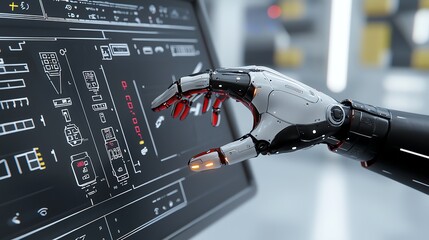 Robotic hand interacts with digital interface displaying futuristic schematics. High-tech innovation in automation and AI development.
