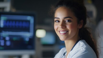 Fototapeta premium Smiling Female Medical Professional in a Hospital Setting, Engaged in Patient Care with Medical Equipment in Background, Radiating Confidence and Compassion