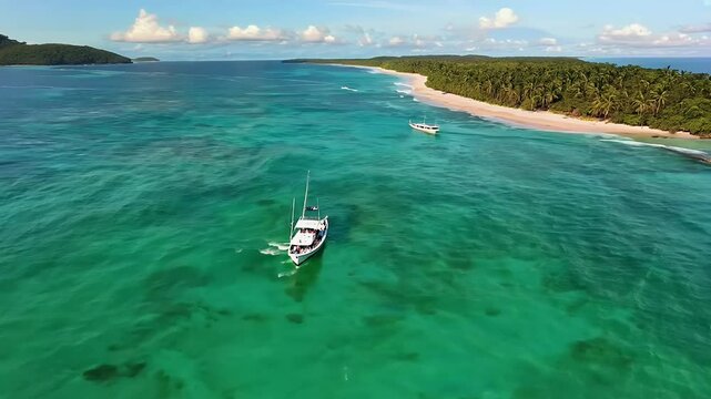captivating drone shot zooming out to reveal serene green sea with lone boat gliding peacefully sunny day