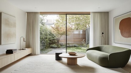 Fototapeta premium A serene and minimalist living room with a soft green sofa, a neutral carpet, and a large window.