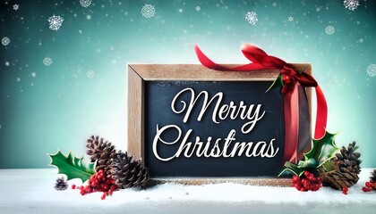 A festive chalkboard with "Merry Christmas" written in elegant script, surrounded by pine cones, holly, and a red ribbon against a snowy background.