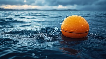 Orange buoy floating on water with splashes.