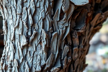 A photograph of an old, textured tree bark that tells a story of age and resilience. The rough texture and unique patterns found in the bark offer a glimpse into the trees history and life cycle.