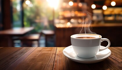 Obraz premium A steaming cup of coffee sits on a wooden table, inviting warmth and comfort in a cozy cafe setting.