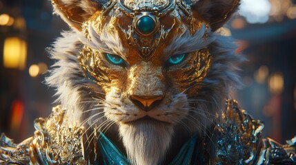 A majestic digital art depicting a powerful golden tiger warrior with piercing blue eyes,  wearing ornate armor.