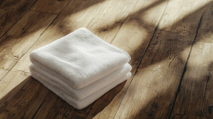 A neatly stacked pile of white towels on a wooden floor, elegantly illuminated by soft natural light, perfect for showcasing comfort and cleanliness at home.