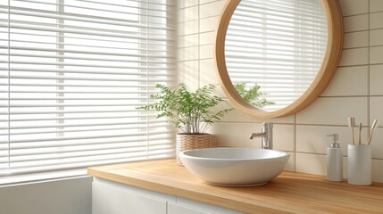 A small powder room sink counter with a round mirror and minimal decor.