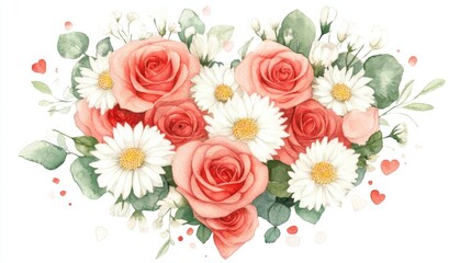 A beautifully arranged heart-shaped bouquet featuring soft pink roses and lively daisies, perfect for expressing love and affection in any occasion.