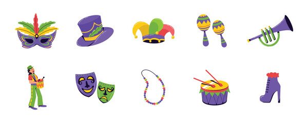 Obraz premium Mardi Gras Elements Featuring Masks, Instruments, Costumes, and Accessories for Festive Celebrations. Mardi Gras Collection