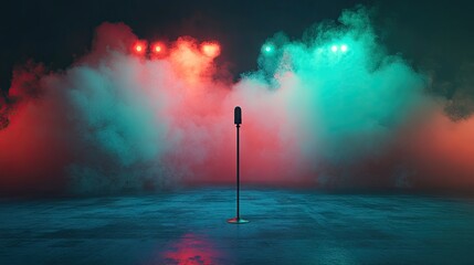 A smoky concert stage with a microphone stand illuminated by colorful lighting.