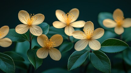 Fototapeta premium Yellow flowers with green leaves on dark backdrop.