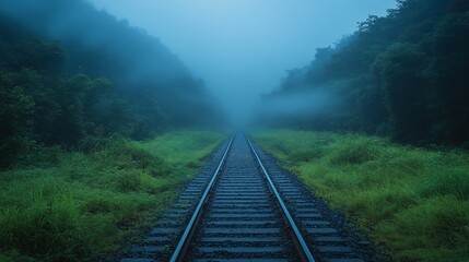 Fototapeta premium Misty morning train tracks disappearing into a dense forest.