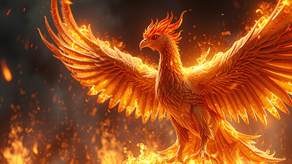 Fiery bird spreads wings; ablaze backdrop; fantasy image use