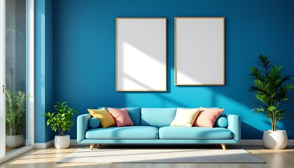 Blue living room with sofa, plants, and blank frames