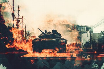 Dramatic Urban Warfare Scene Featuring Armored Tank Amid Flames and Smoke with Cityscape in Background, Highlighting the Chaos of Conflict