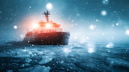 powerful icebreaker ship navigating through the Arctic sea during a snowstorm. The ship’s reinforced hull is cutting through the thick, packed ice