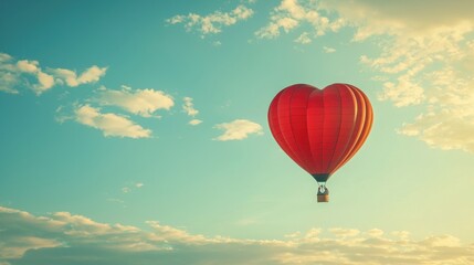 Fototapeta premium A vibrant red heart-shaped hot air balloon floats gracefully against a blue sky, symbolizing love and adventure in travel experiences.