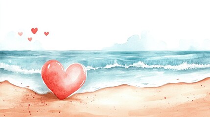 Fototapeta premium A serene beach scene featuring a large heart on the sand, surrounded by gentle waves and distant hearts in the sky, evoking a sense of love and tranquility.