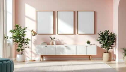 Pink wall living room interior design, sunlight, plants, and white cabinet