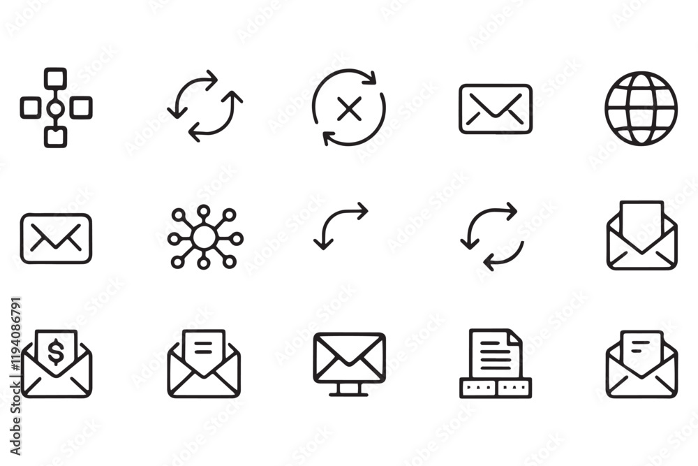 Wall mural set of thin line icons illustrating exchange concepts including currency, email, and global connecti