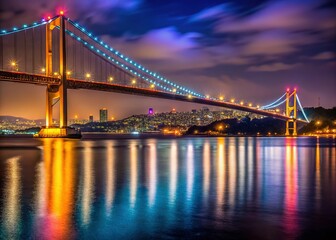 Fototapeta premium Istanbul's 15th July Martyrs Bridge at Night - Illuminated Suspension Bridge over the Bosphorus Strait