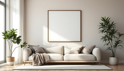 Modern living room interior design, beige sofa, plants, large frame, sunlight