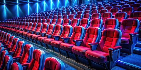 Fototapeta premium Long Exposure: Rows of Red Cinema Chairs Under Blue Light - Stock Photo
