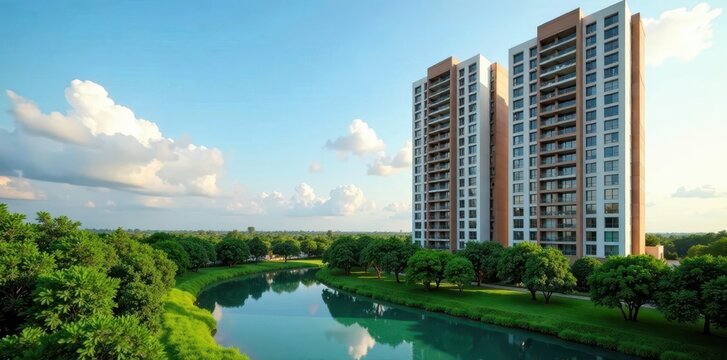 High-rise residential complex in Greater Noida with lush greenery and serene lake view, greenery, nature, skyscraper
