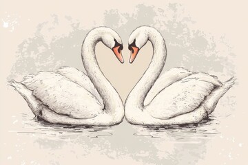 Fototapeta premium Two elegant swans form a heart shape with their necks in a serene lake, symbolizing love and beauty in nature's tranquil setting.