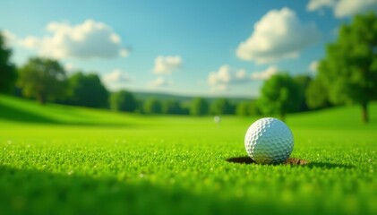Golf ball rolling down the fairway towards a hole on a flat green surface, nature, golf ball, green