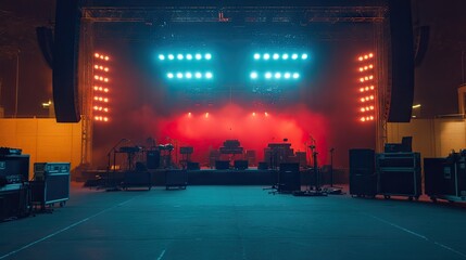 A wide shot of a concert venue with vibrant stage lighting and multiple microphone setups.