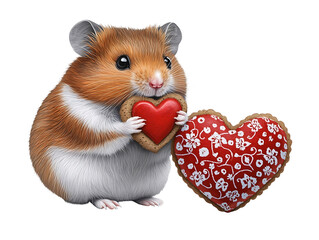 Cute hamster holding heart-shaped cookie indoor setting digital illustration adorable scene