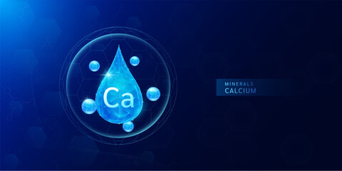 Calcium minerals drop in dome with blue atom around. Vitamins complex for health protect and build immunity healthy. Medical scientific concepts. Banner vector illustration.