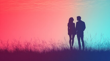 Fototapeta premium Silhouetted couple holding hands, gazing at each other against a vibrant sunset backdrop.